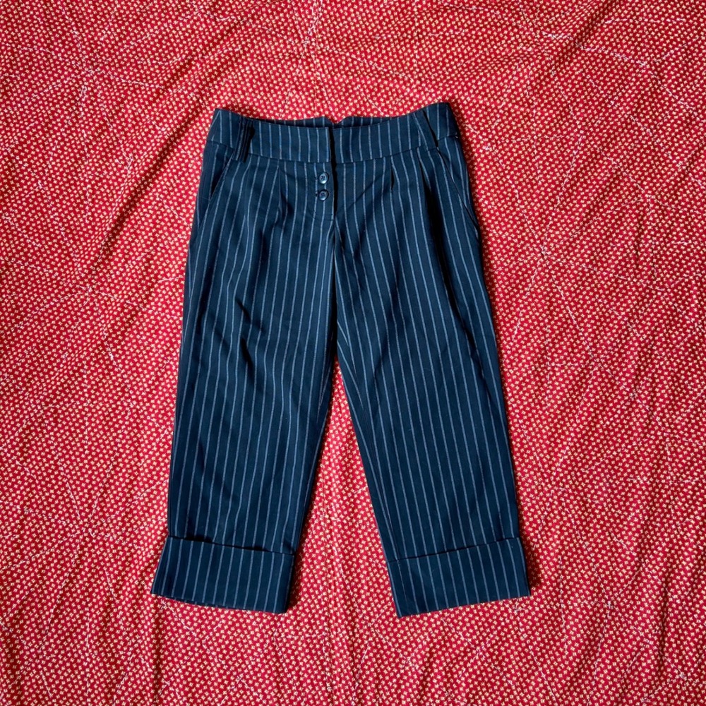 Sugar Tart Black Pinstripe Cropped Capris Trousers Cuffed Hem Women Size Small